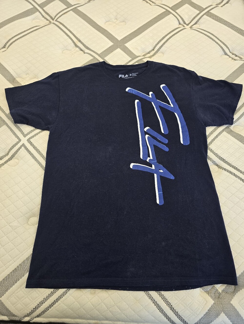 Fila Men's Navy Short-Sleeve Tee with Blue Script Logo - Size Medium